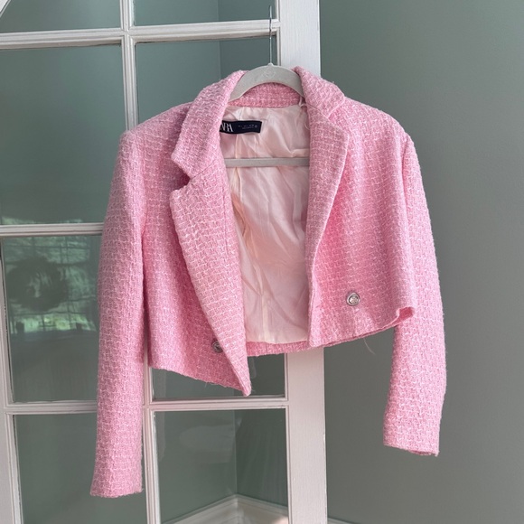 Zara Pink Textured Cropped Blazer - Picture 1 of 4